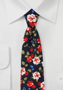 Cravatta in cotone con motivo floreale blu navy
